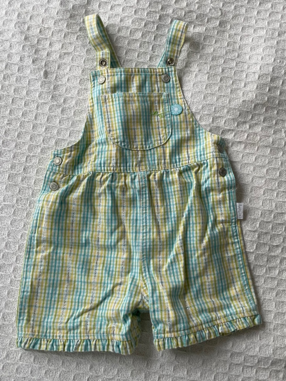 VTG Carters Yellow, Blue plaid Overalls w/cutest flower detail - Size 9-12m